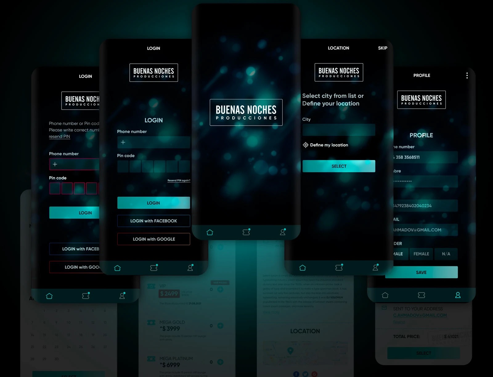 App screens in the dark theme: splash, login with phone and PIN, Facebook and Google login, location and profile