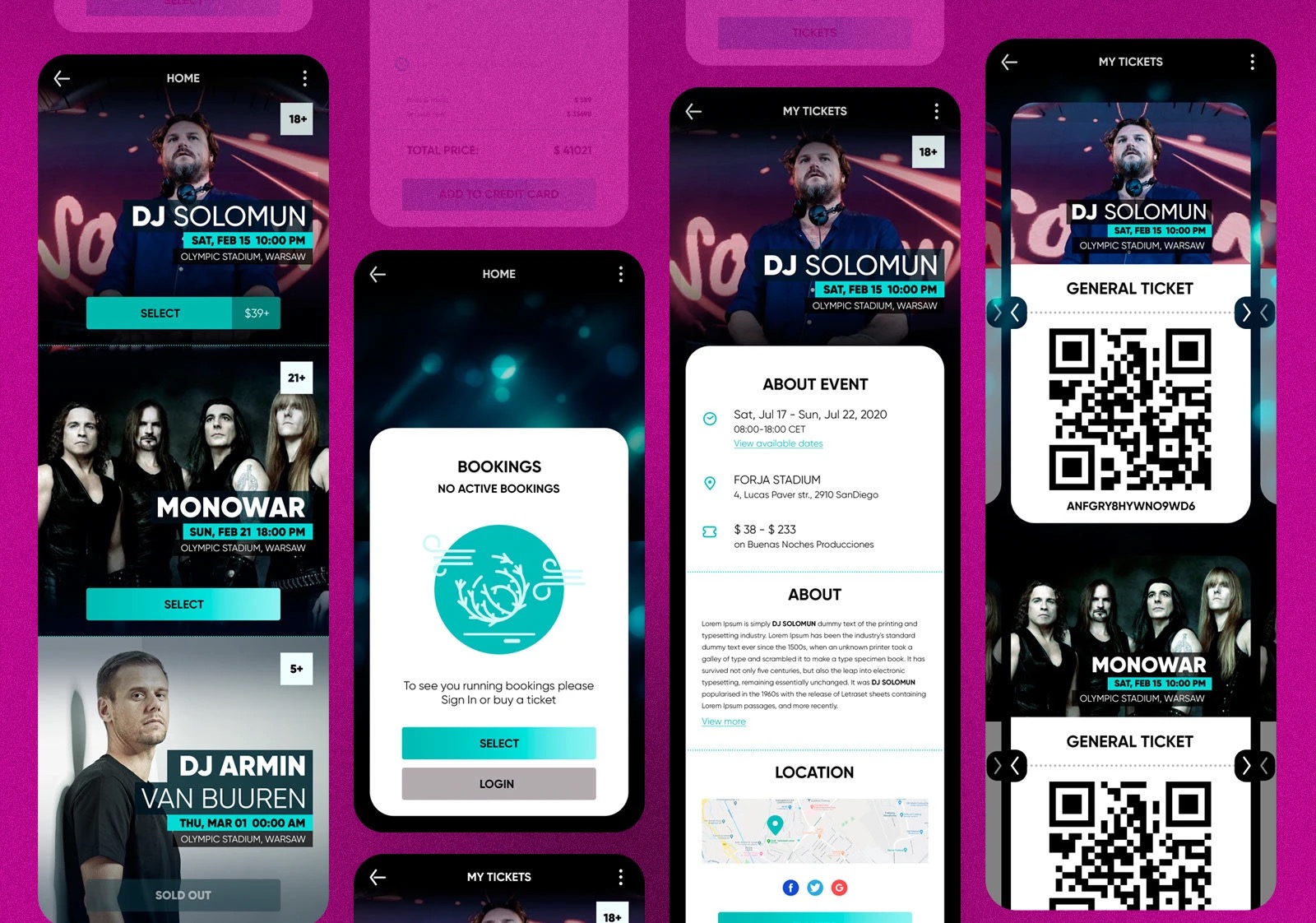 App screens in the magenta theme: event feed with DJ Solomun, Monowar and Armin van Buuren, bookings, event detail and QR tickets