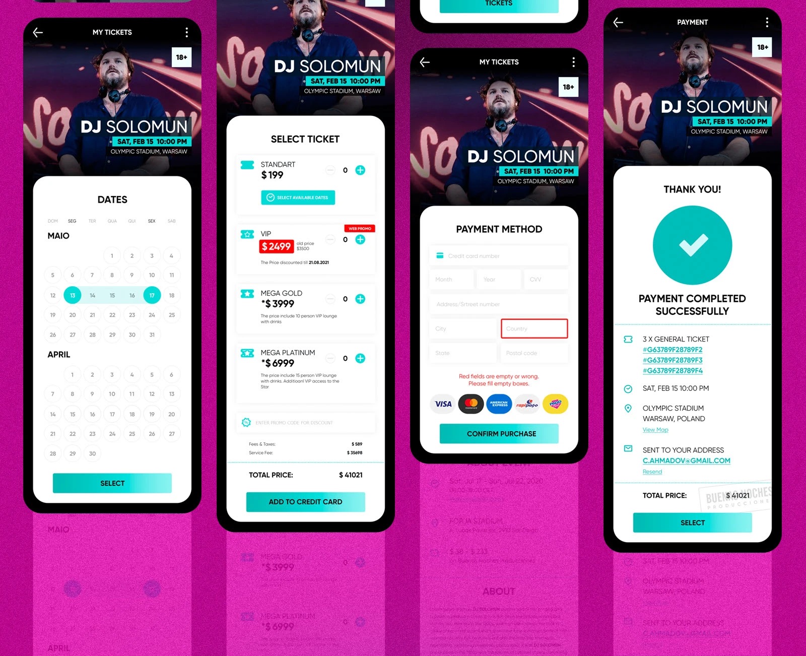 App purchase flow: date calendar, ticket tiers from Standard 199 to Mega Platinum 6999, payment method and confirmation
