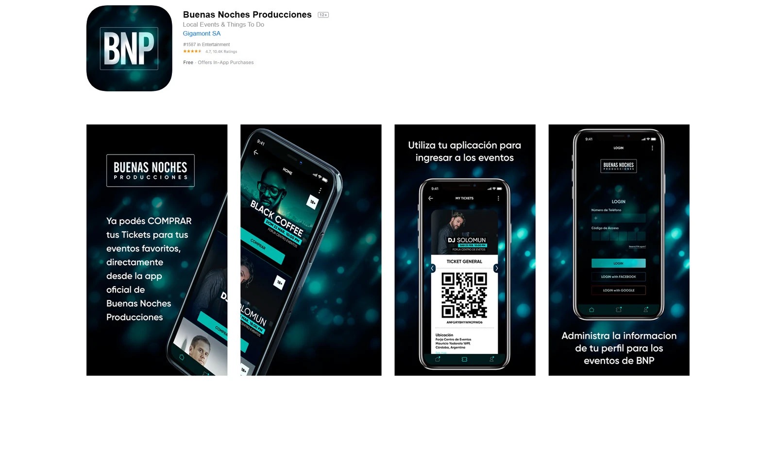Buenas Noches Producciones on the App Store: 4.7 stars from 10.4K ratings, with Spanish screenshots — buy tickets, enter events with the app, manage your profile