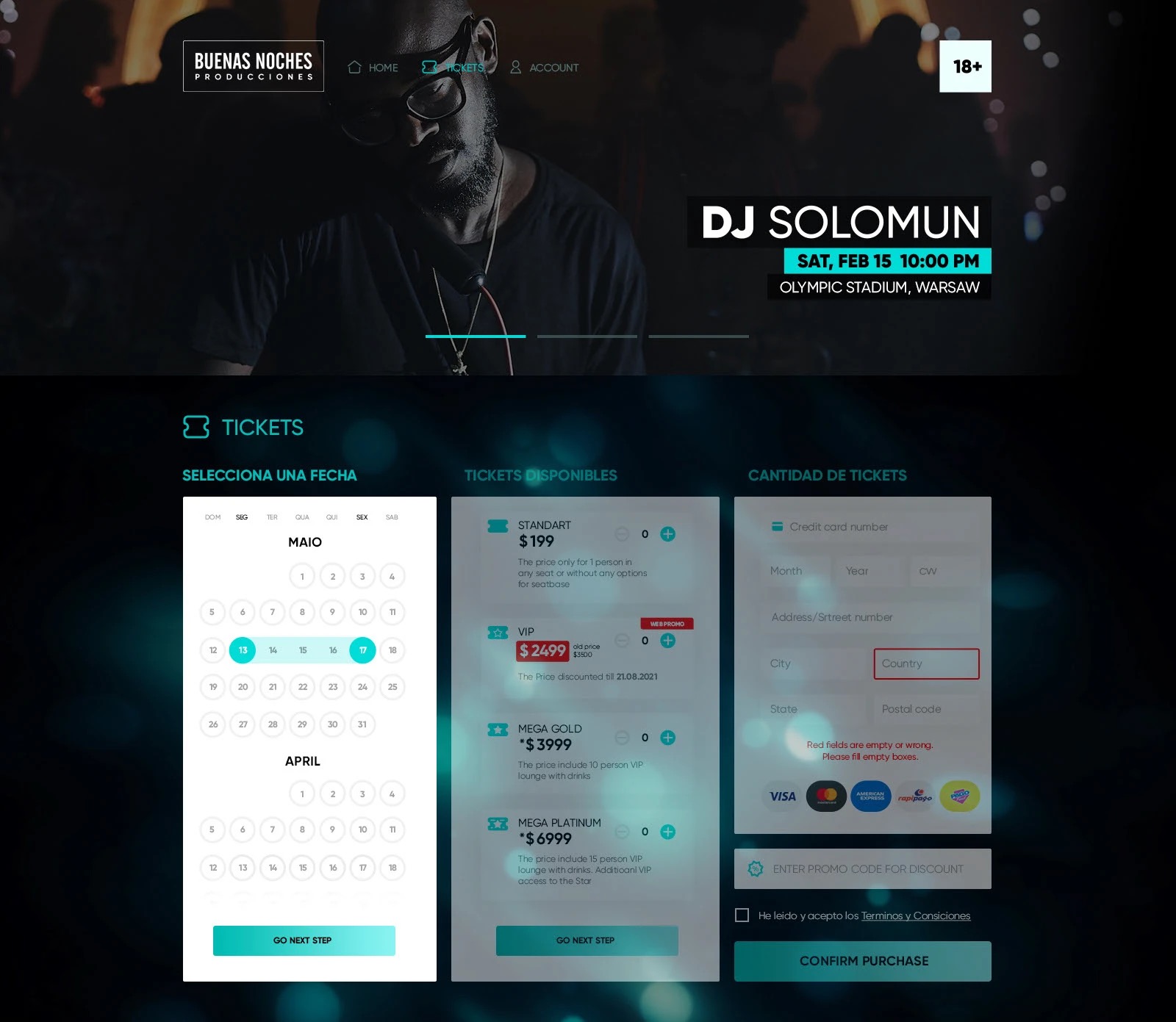 The Buenas Noches desktop ticket shop: DJ Solomun hero, a three-step Spanish flow — select a date, available tickets, quantity and payment