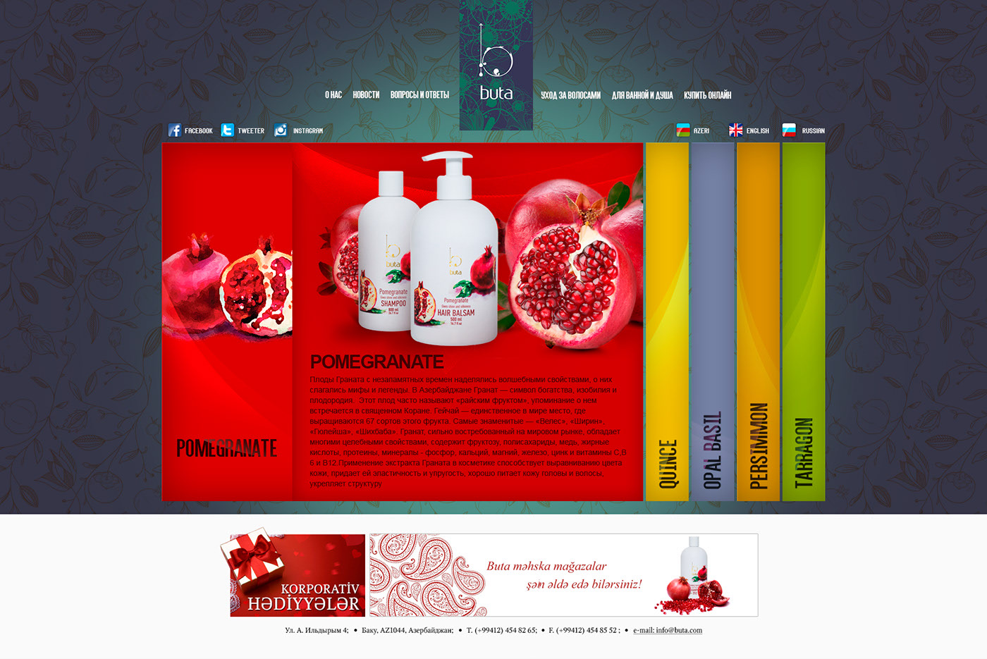 Pomegranate panel expanded: shampoo and hair balsam on a red background