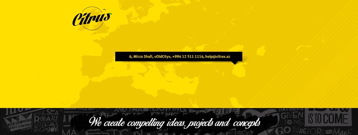 Citrus website hero: signal-yellow screen with the Citrus logo and contact bar