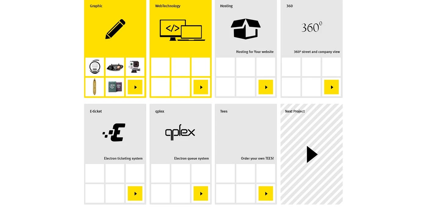 Citrus services grid: graphic, web technology, hosting, 360, e-ticket, qplex, tees