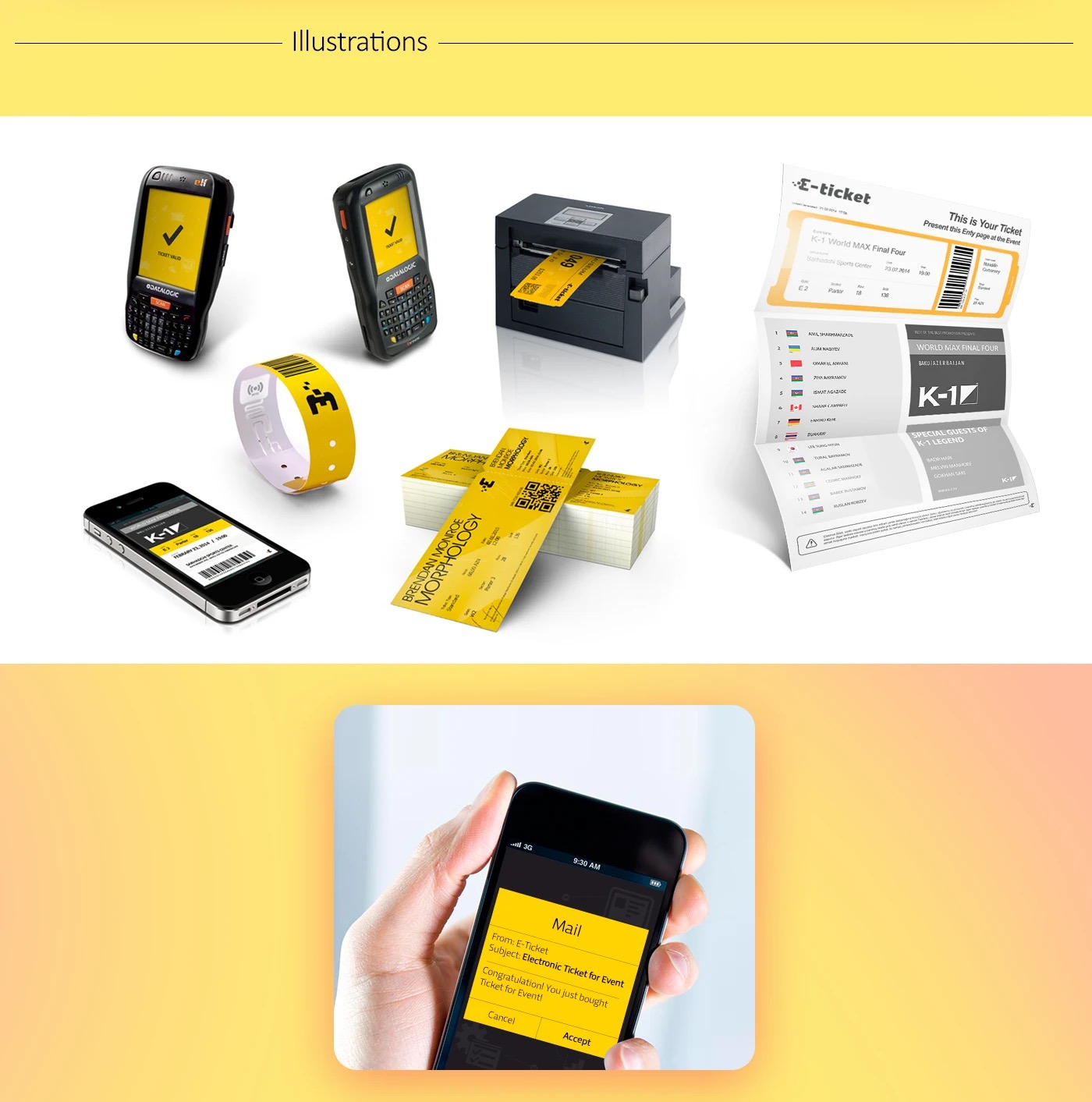 Illustrated product set: barcode scanners, ticket printer, NFC wristband, iPhone with a K-1 ticket, stacks of printed tickets and the K-1 World MAX Final Four Baku ticket booklet