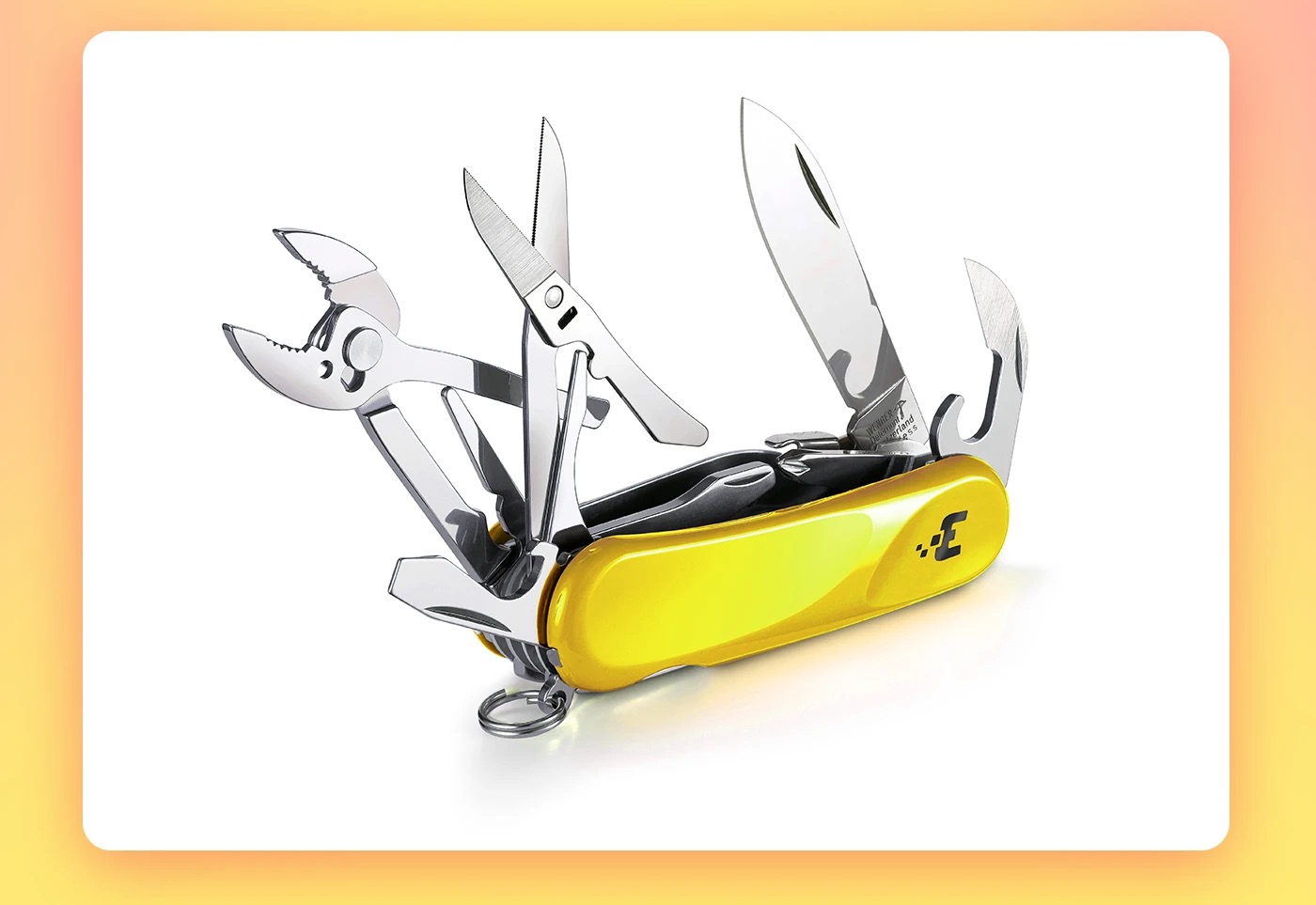 A Swiss army knife with every tool opened, the E-ticket logo embossed on its yellow handle