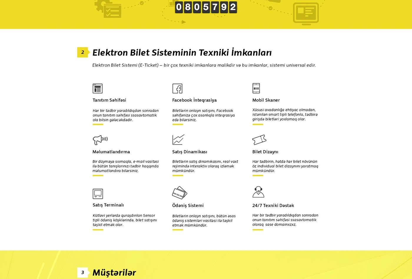 The capabilities section of the E-ticket website: promotion page, Facebook integration, mobile scanner, ticket design, payment system and 24/7 support