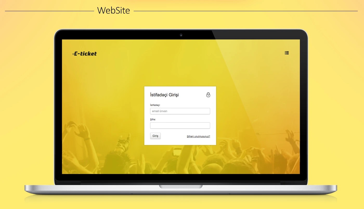 The E-ticket login page on a laptop, user login form in Azerbaijani over a concert crowd