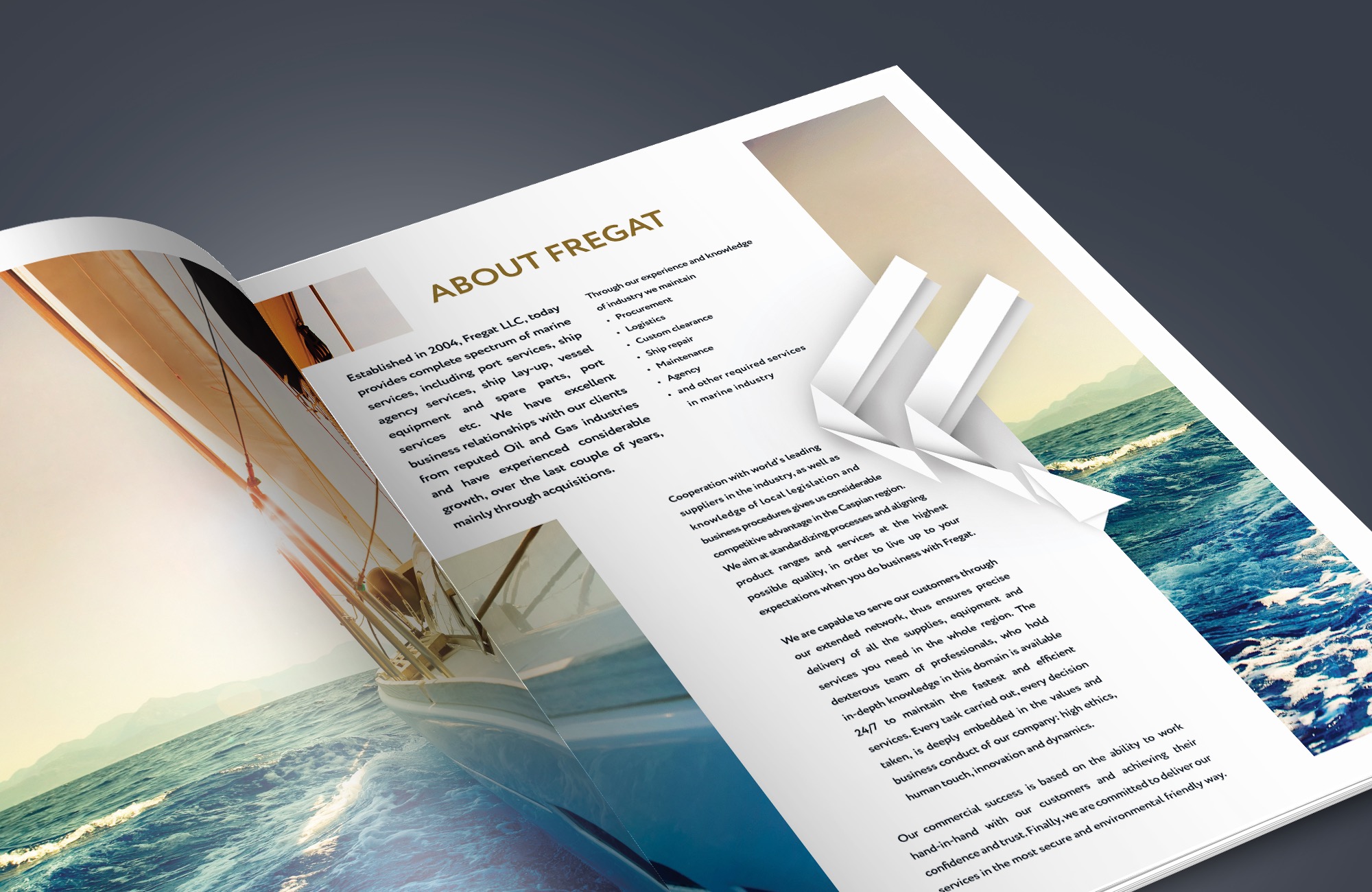 About Fregat spread: company history on white panels with folded-paper corners over a sailing photograph