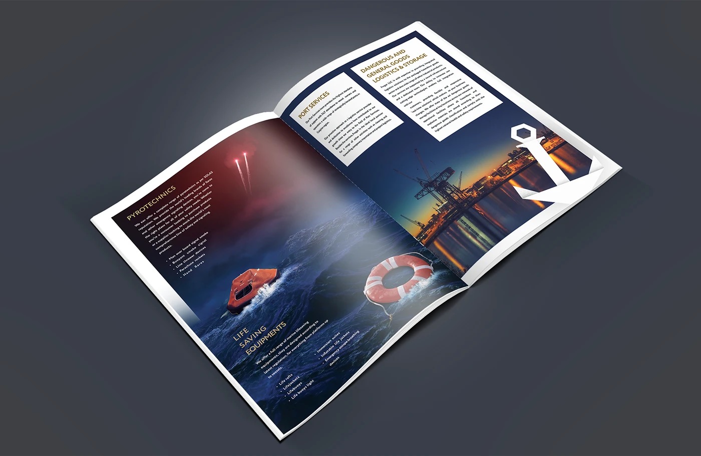 Catalogue spread: pyrotechnics, port services and dangerous-goods logistics pages over the night-sea photograph