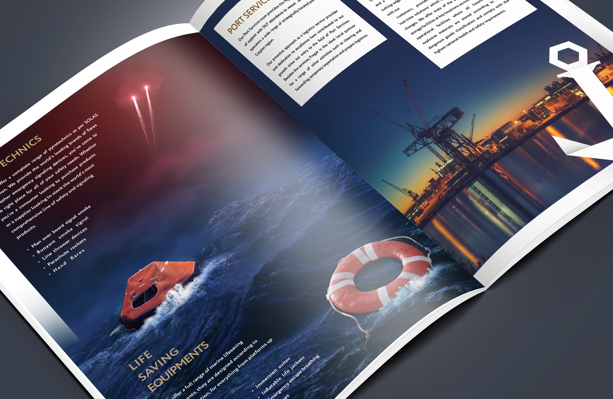 Magazine spread: port services, technics and life-saving equipment over a night sea with an oil platform, life ring and rescue boat