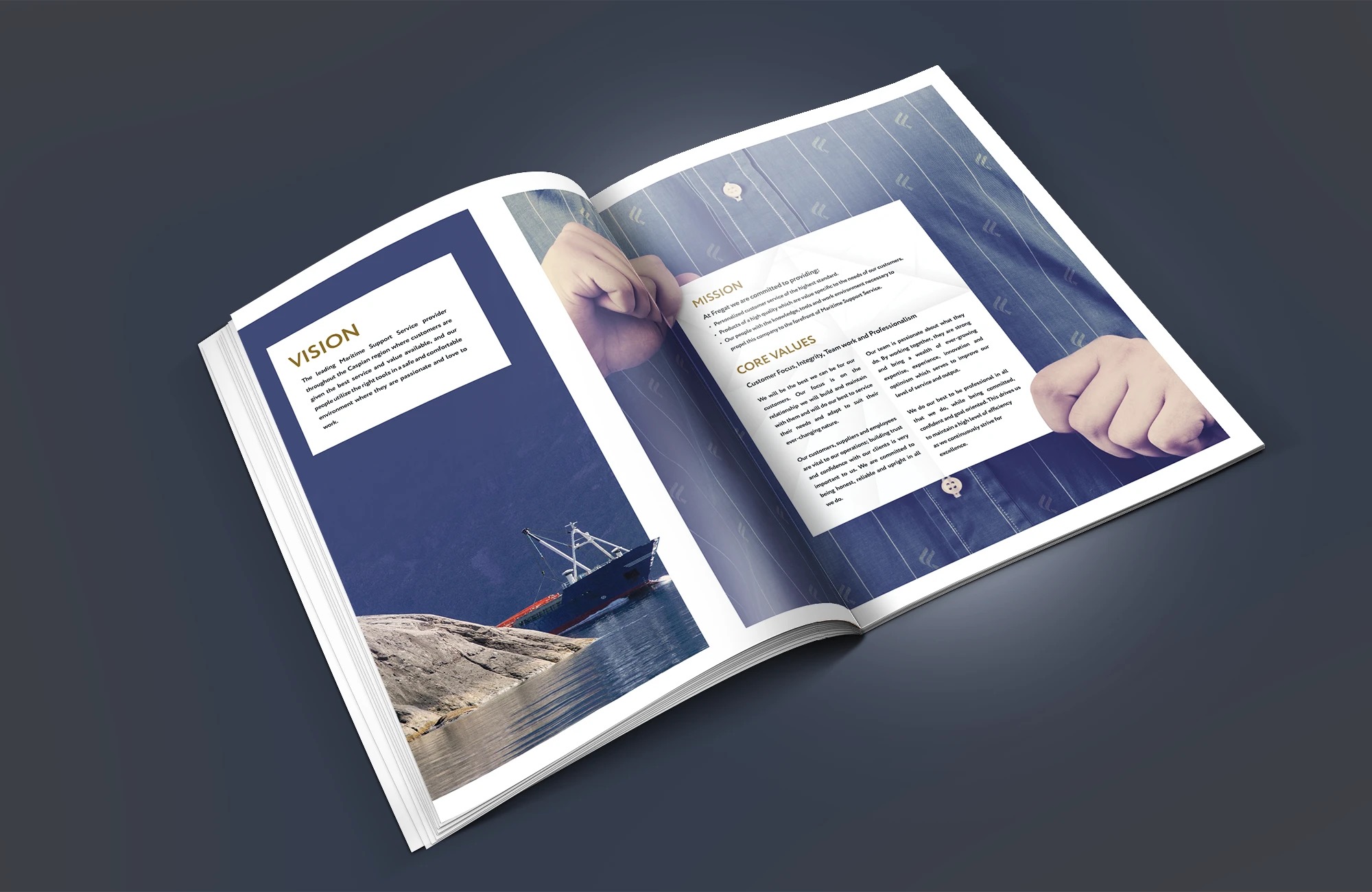Vision and mission spread: white paper panels on navy with hands folding paper and a supply ship