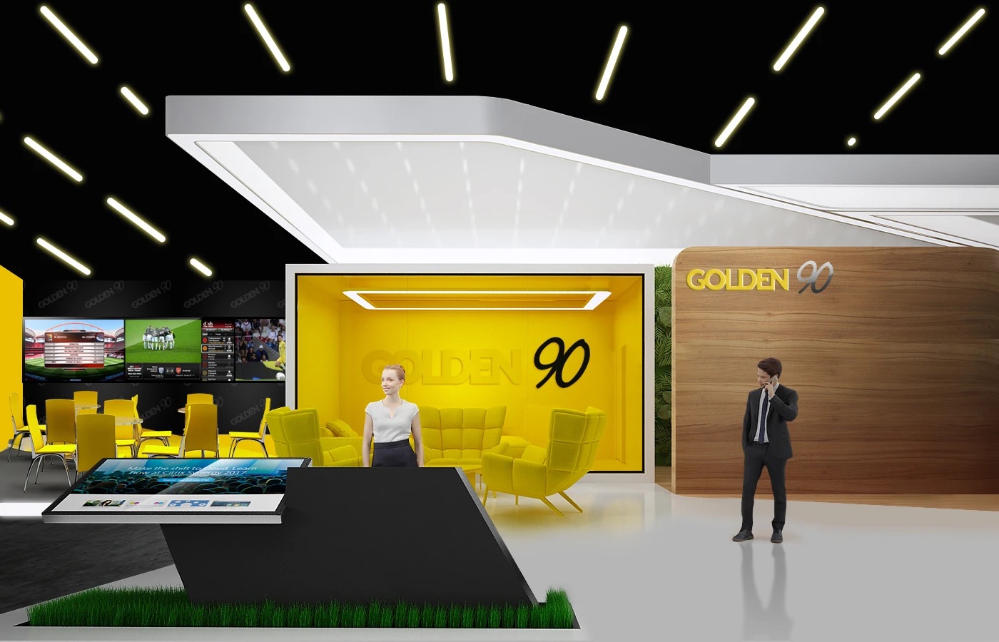 3D render of the Golden 90 exhibition stand: yellow lounge, wooden logo wall, screen wall with live matches