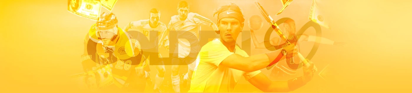 Golden 90 leaderboard: golden athletes collage — hockey, football and tennis players over the brand watermark