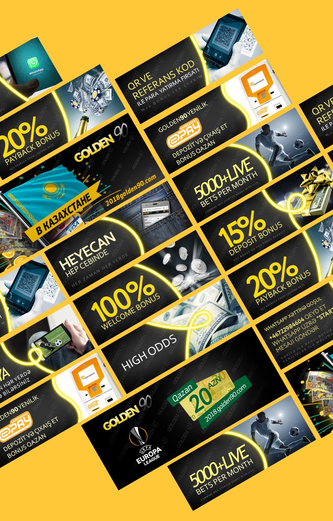 Golden 90 social media grid: 20% payback, referral codes, ePay, 5000+ live bets per month, Europa League sponsorship, Kazakhstan launch, WhatsApp betting