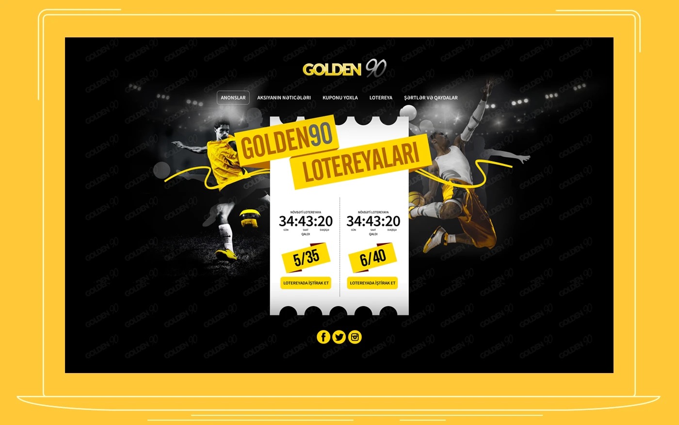 Golden 90 website shown in a browser frame, countdown timers to the next lottery draws