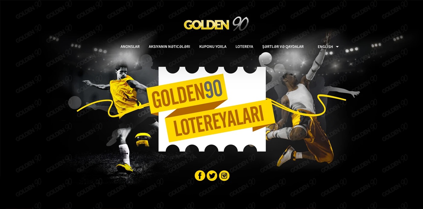 Golden 90 homepage: lottery ticket hero with athletes in gold on black
