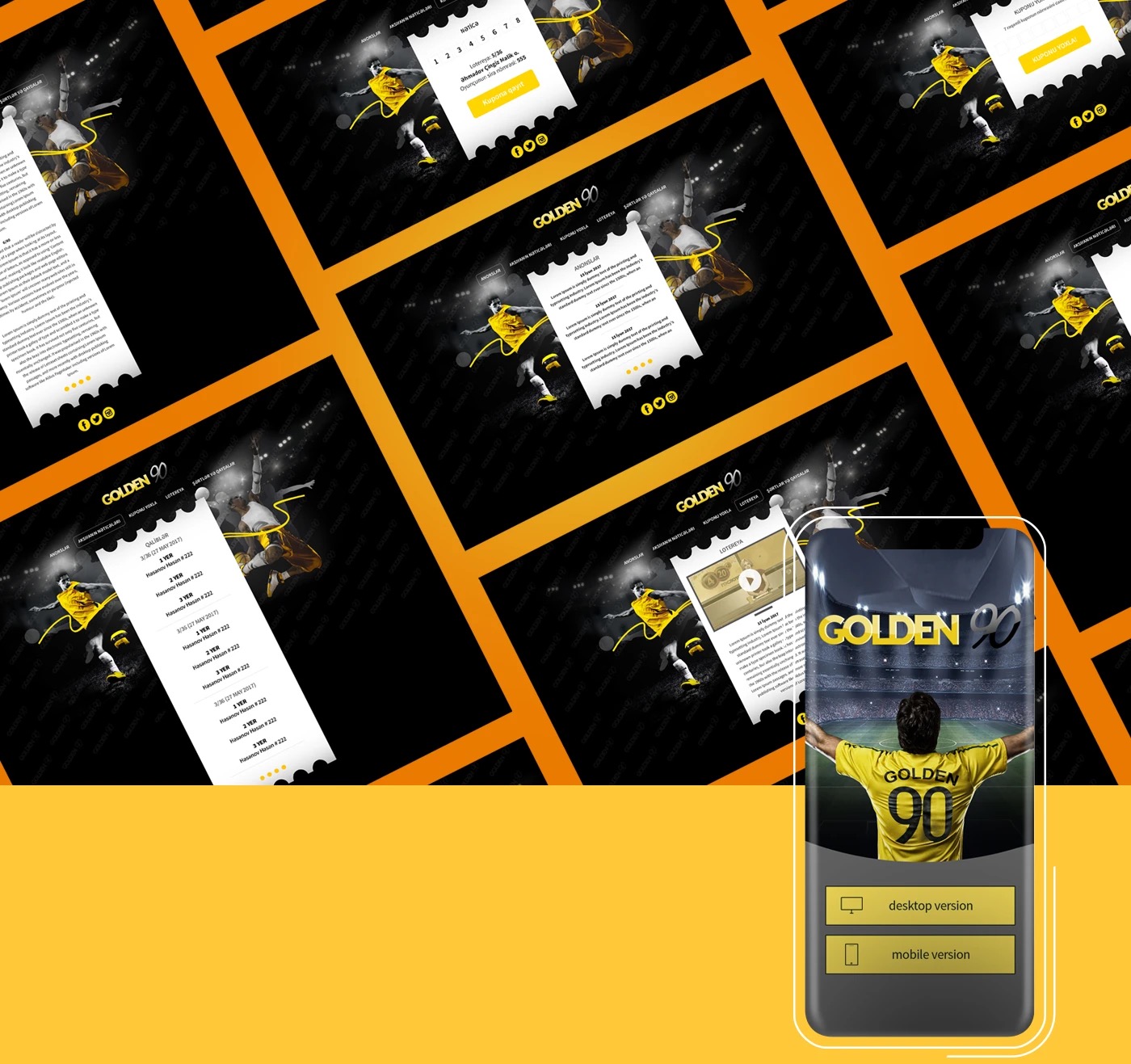 Golden 90 page designs collage with phone mockup showing desktop and mobile versions