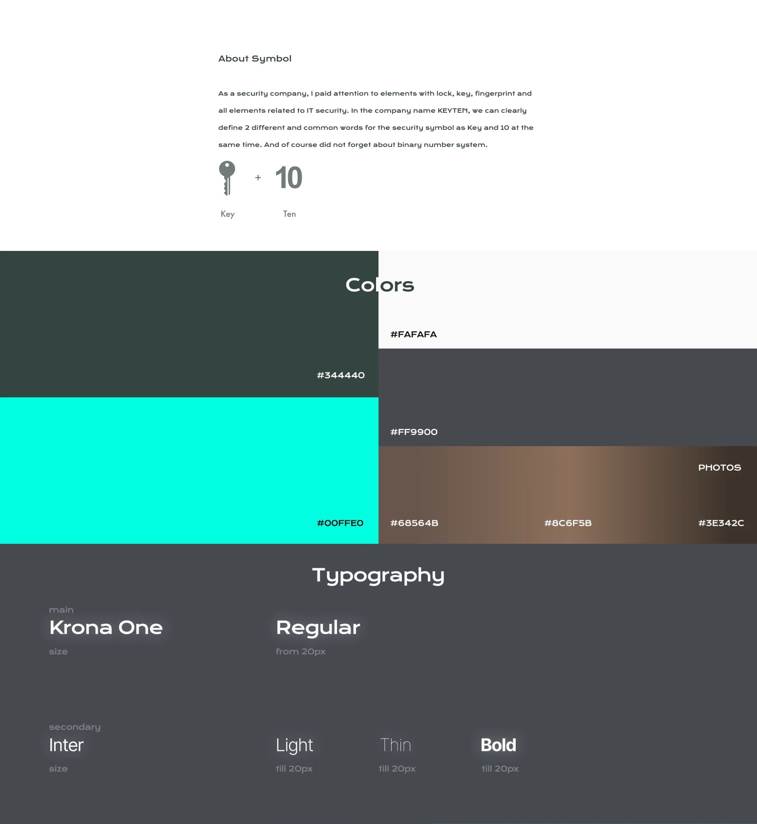 Keyten brand book: symbol rationale, color palette and typography — Krona One and Inter