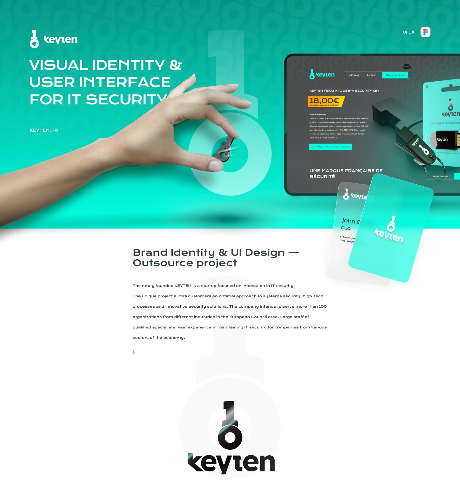 Keyten case study cover: a hand holding the tiny keyten security key over a teal background with interface mockups