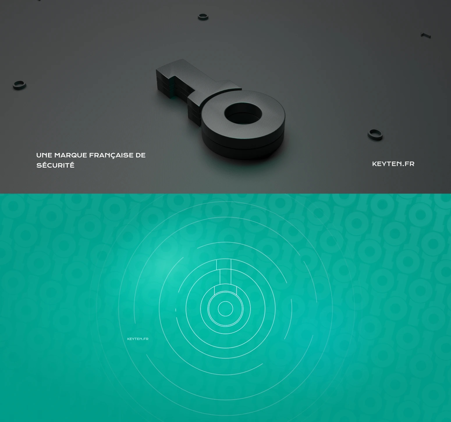3D render of the keyten mark as a dark metal object, and the radar-like brand pattern with a keyhole at its center