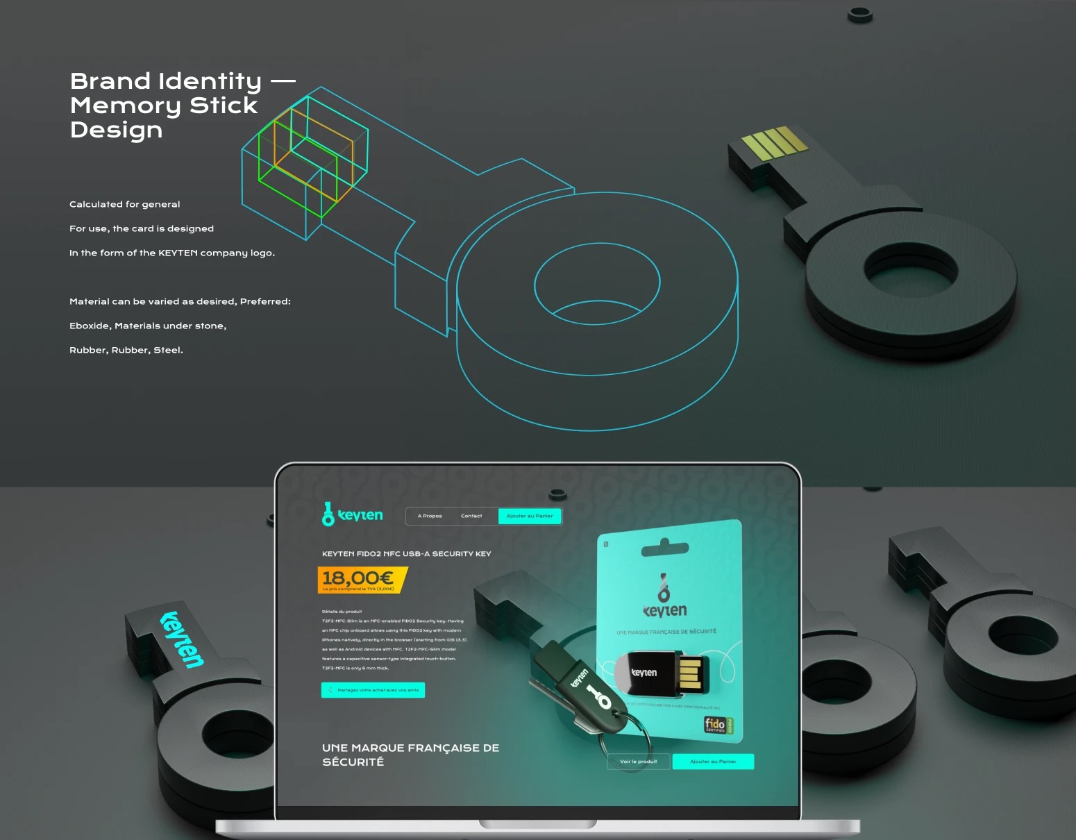 Product design blueprint: wireframe of the key-shaped memory stick, 3D renders, and the shop page on a tablet