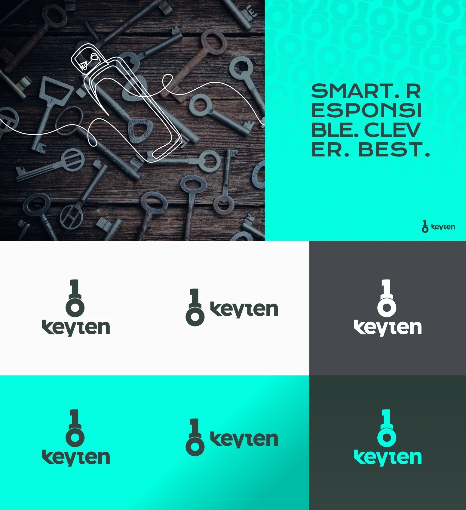 Keyten logo construction: the key-and-ten mark drawn over a photo of vintage keys, with wordmark variants in brand colors