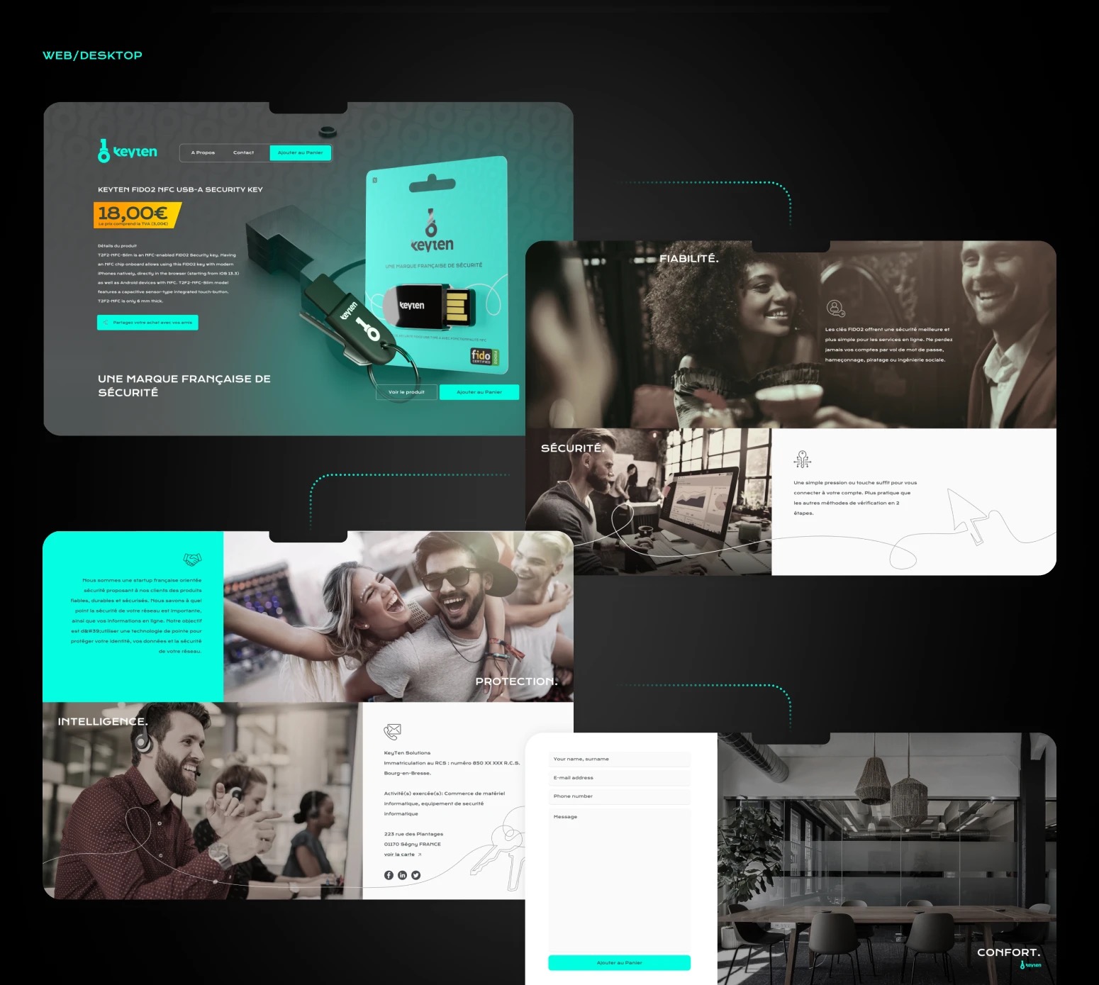 Keyten desktop website: product page, five brand sections with sepia photography, about text and contact form, linked by dotted lines