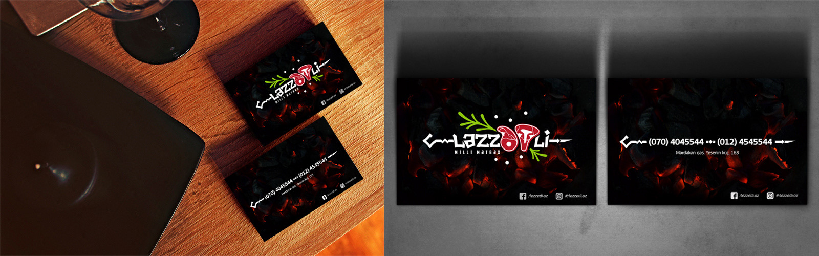 Lezzetli business cards on a wooden table beside a glass, front and back shown flat