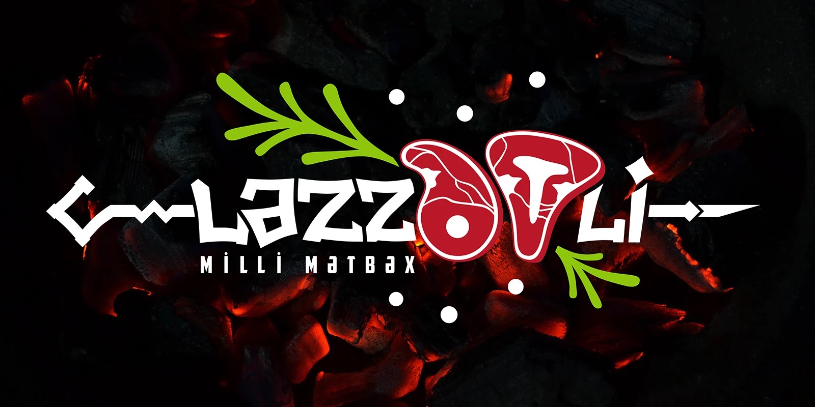 The Lezzetli Milli Mətbəx logo — steaks and herbs in white, red and green over glowing charcoal