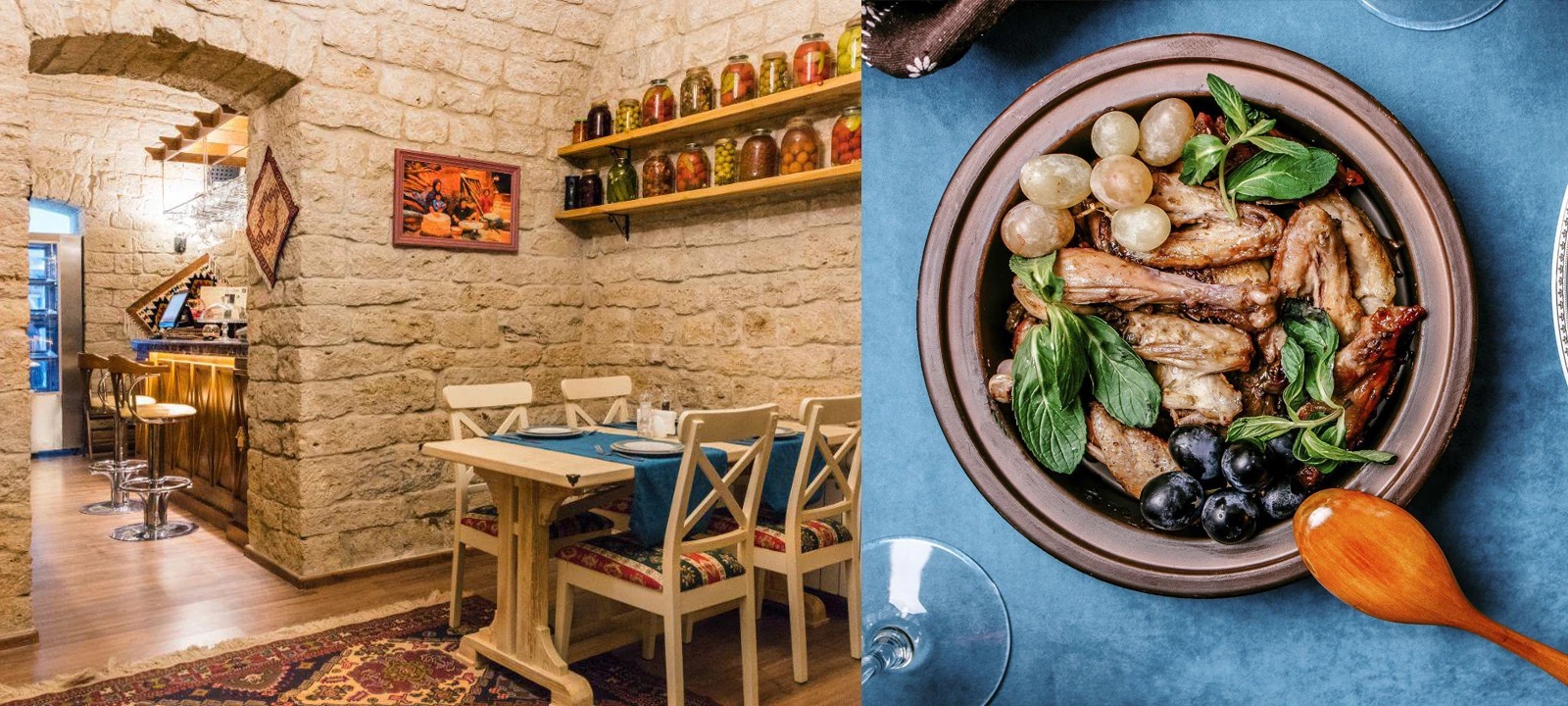 The restaurant interior with stone walls and a clay plate of grilled meat with grapes and herbs