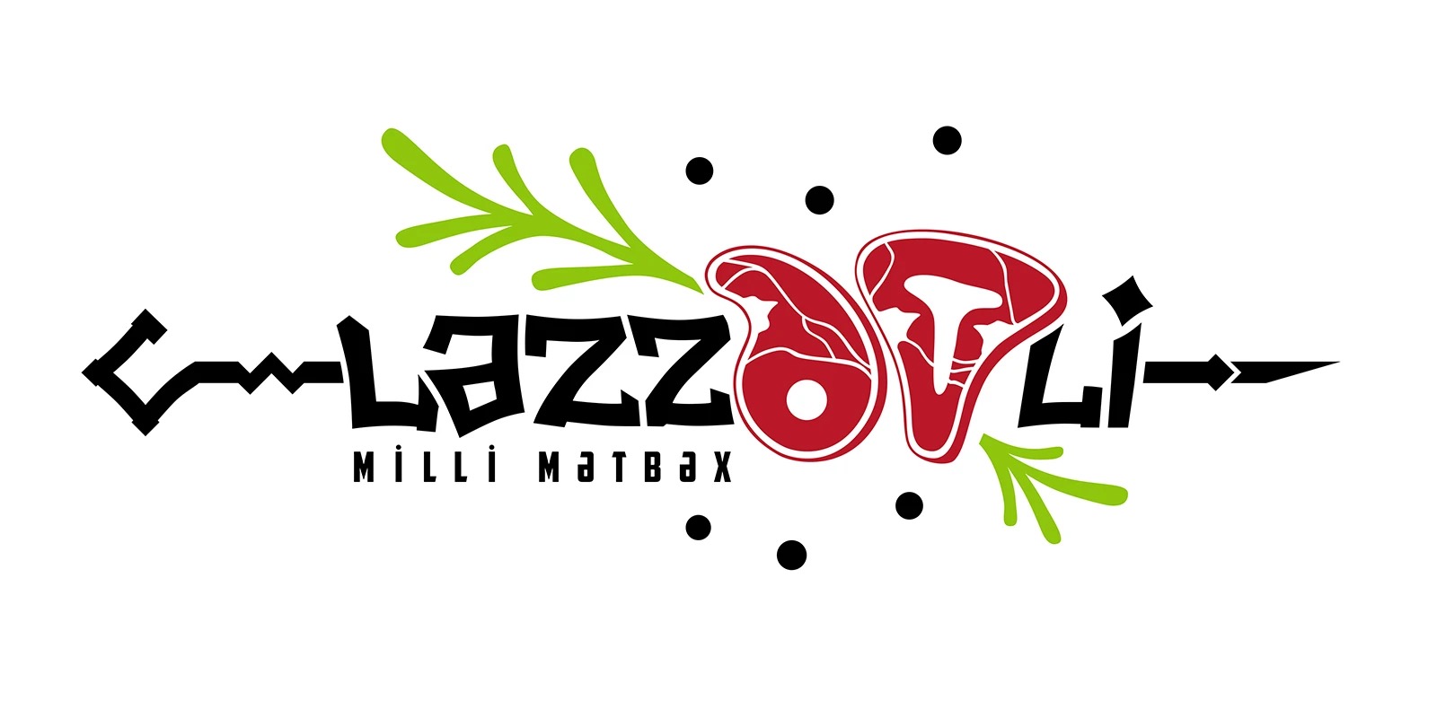 The Lezzetli logo in color on white: black letterforms, red steaks, green herbs