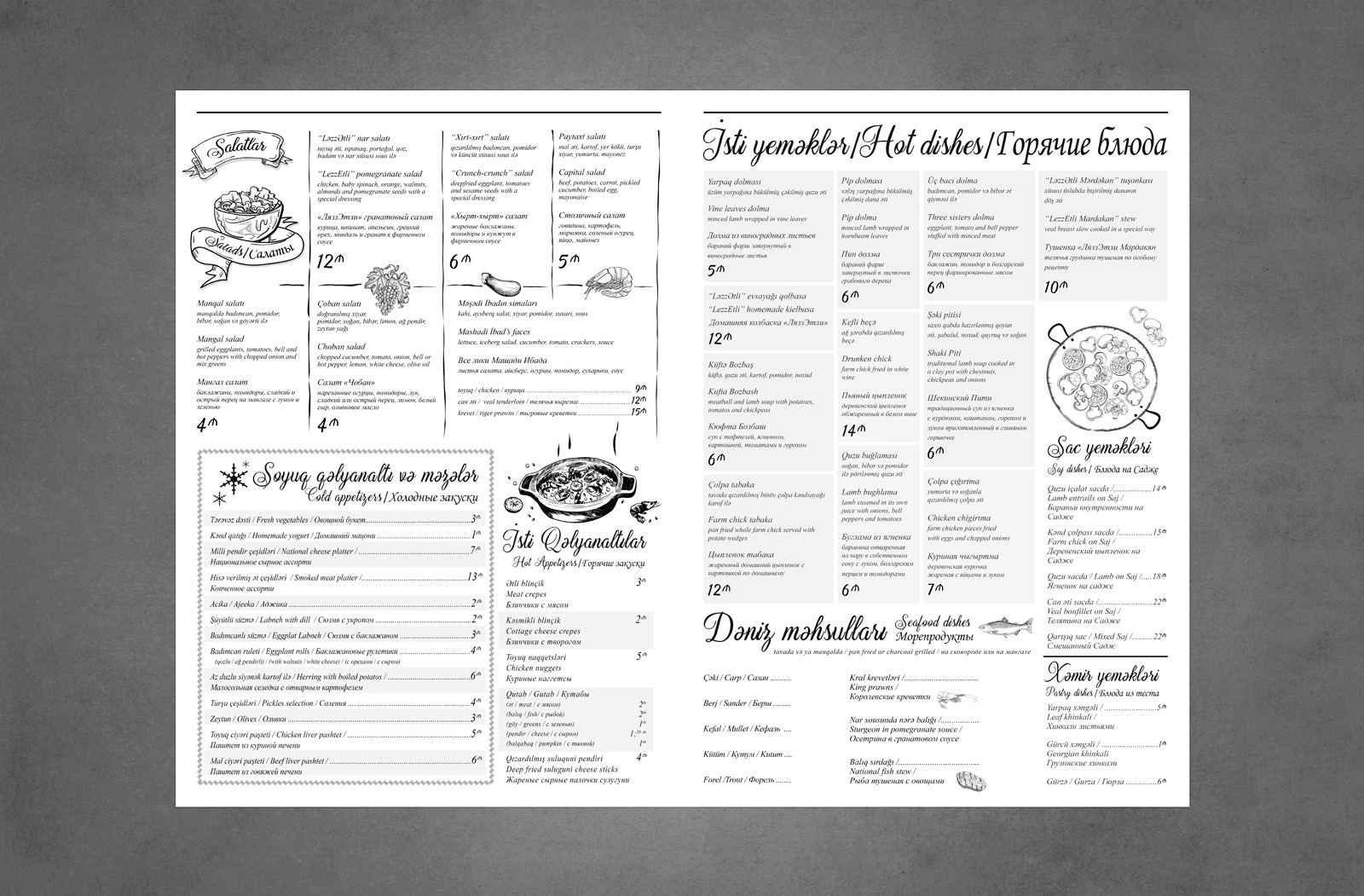 Menu spread two: salads, cold and hot appetizers, seafood and dumplings, trilingual headers