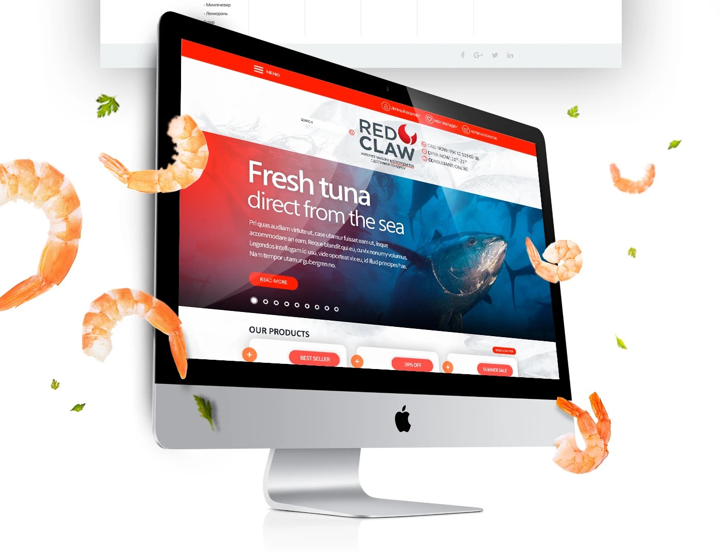 Desktop mockup on an iMac with shrimp flying around the screen, the Red Claw homepage open