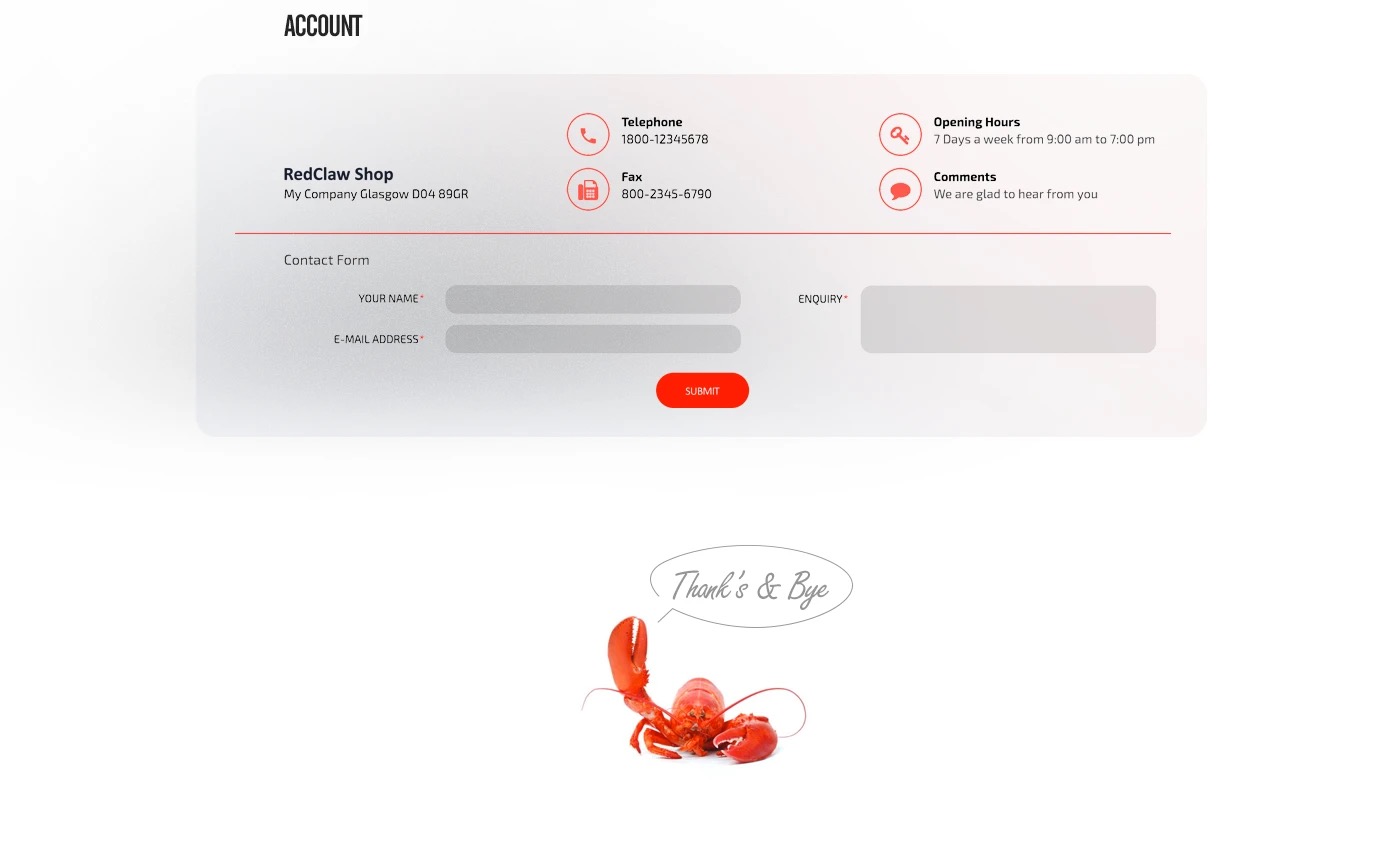 The Red Claw account page with contact form, and the lobster mascot waving with a speech bubble saying Thank's and Bye