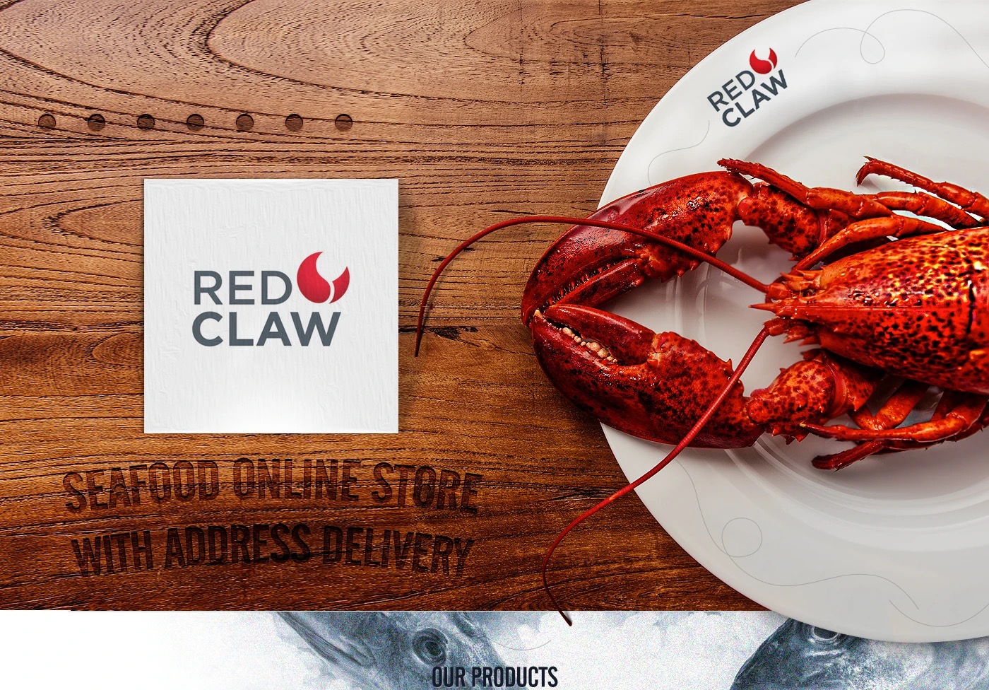 Red Claw brand presentation: a cooked lobster on a white Red Claw plate on a wooden table, Seafood Online Store with Address Delivery engraved below