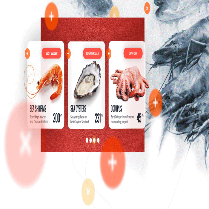 Animated promo: shrimps, oysters and octopus cards with prices float in orange bubbles over a bed of shrimp